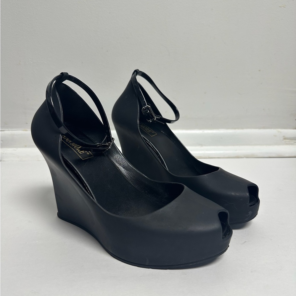 Anne More black open toe jelly wedge heels womens 6.5